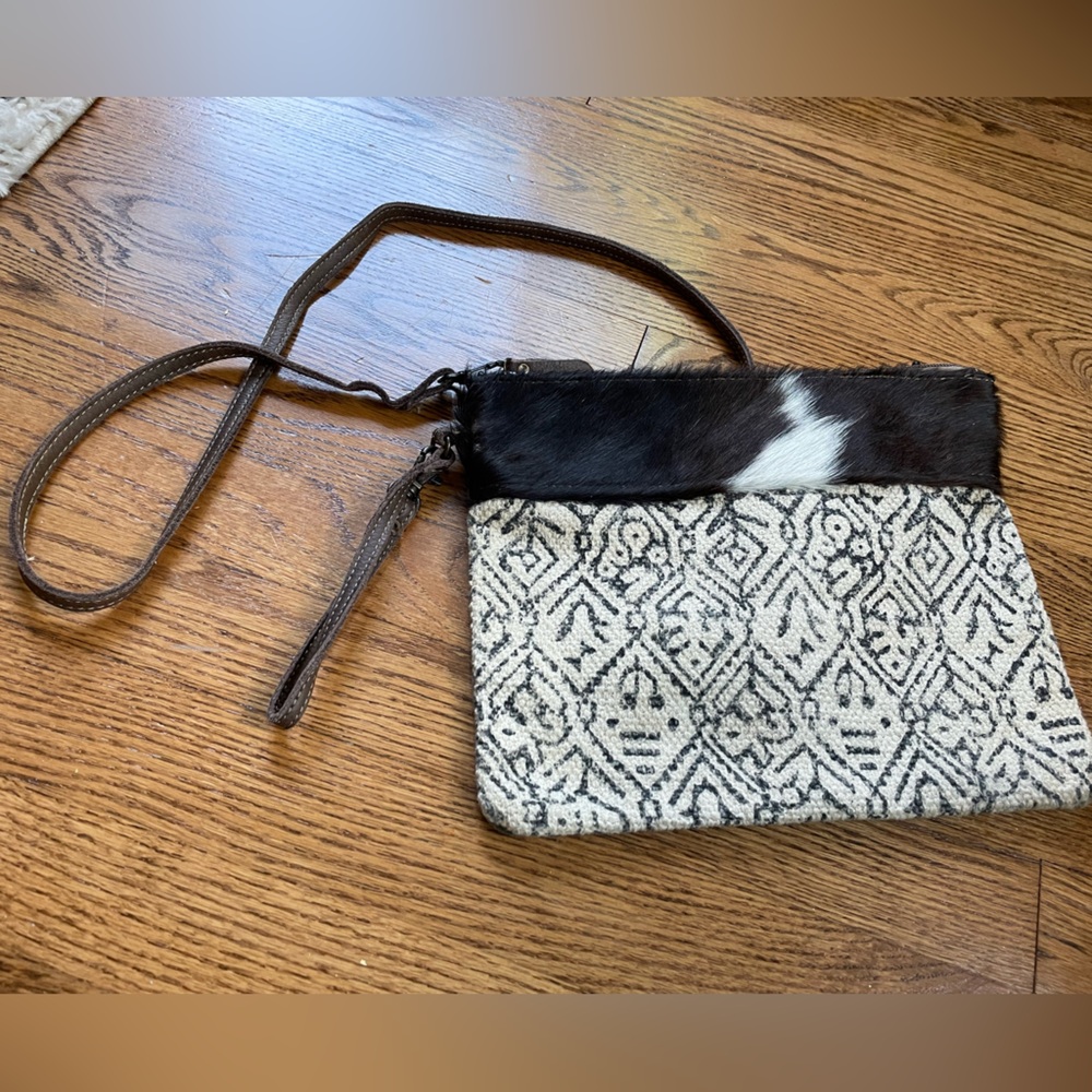 Myra Bag Black and White Canvas, Calfskin Accent, Crossbody